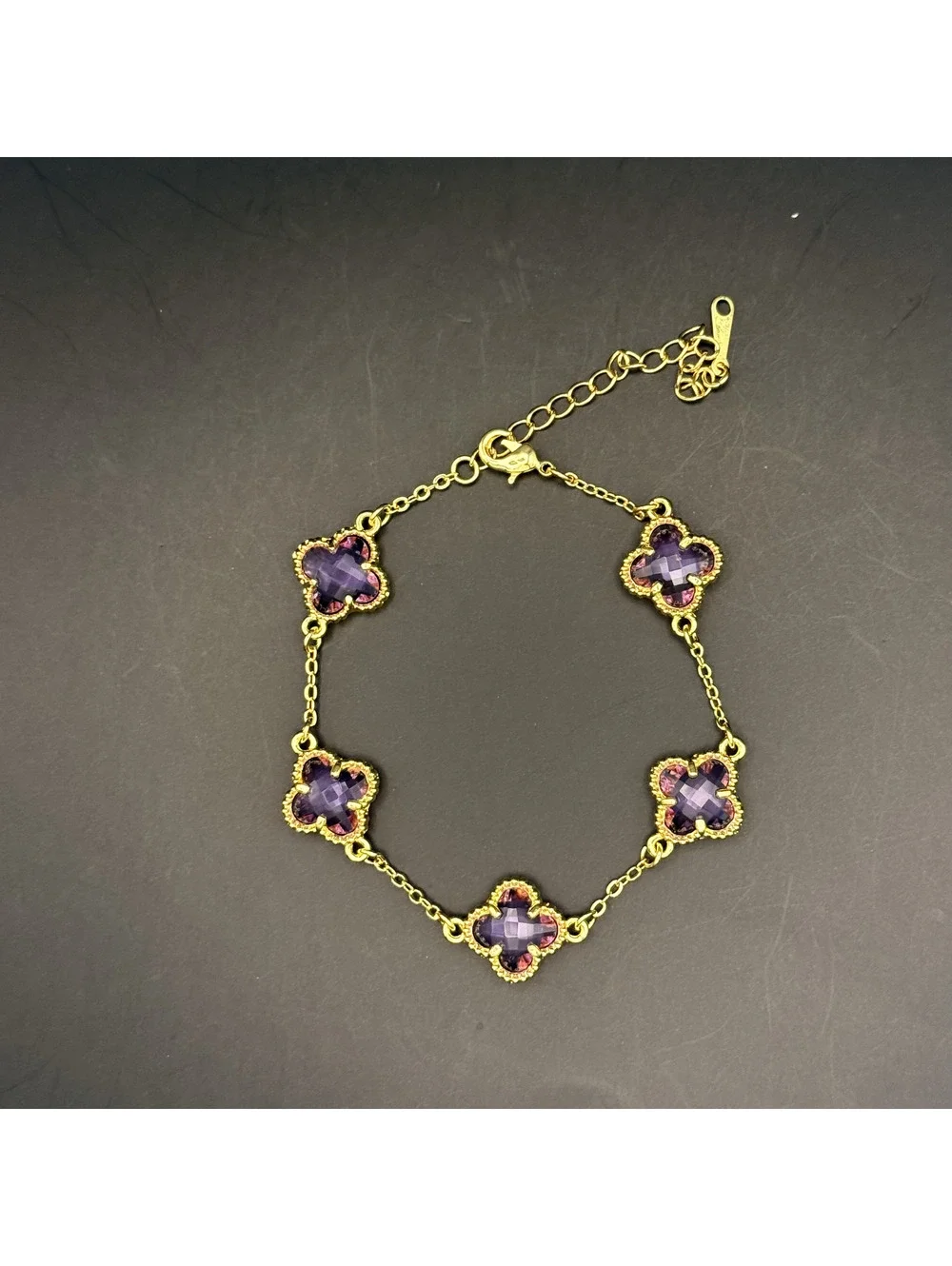 candy+clover lilac amethyst clover gold tone station bracelet